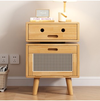 Rotating Bedside Table with Woven Drawer