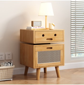 Rotating Bedside Table with Woven Drawer